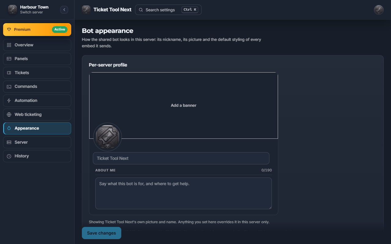 The bot appearance screen, where a server sets the name, avatar and colour the bot uses there.