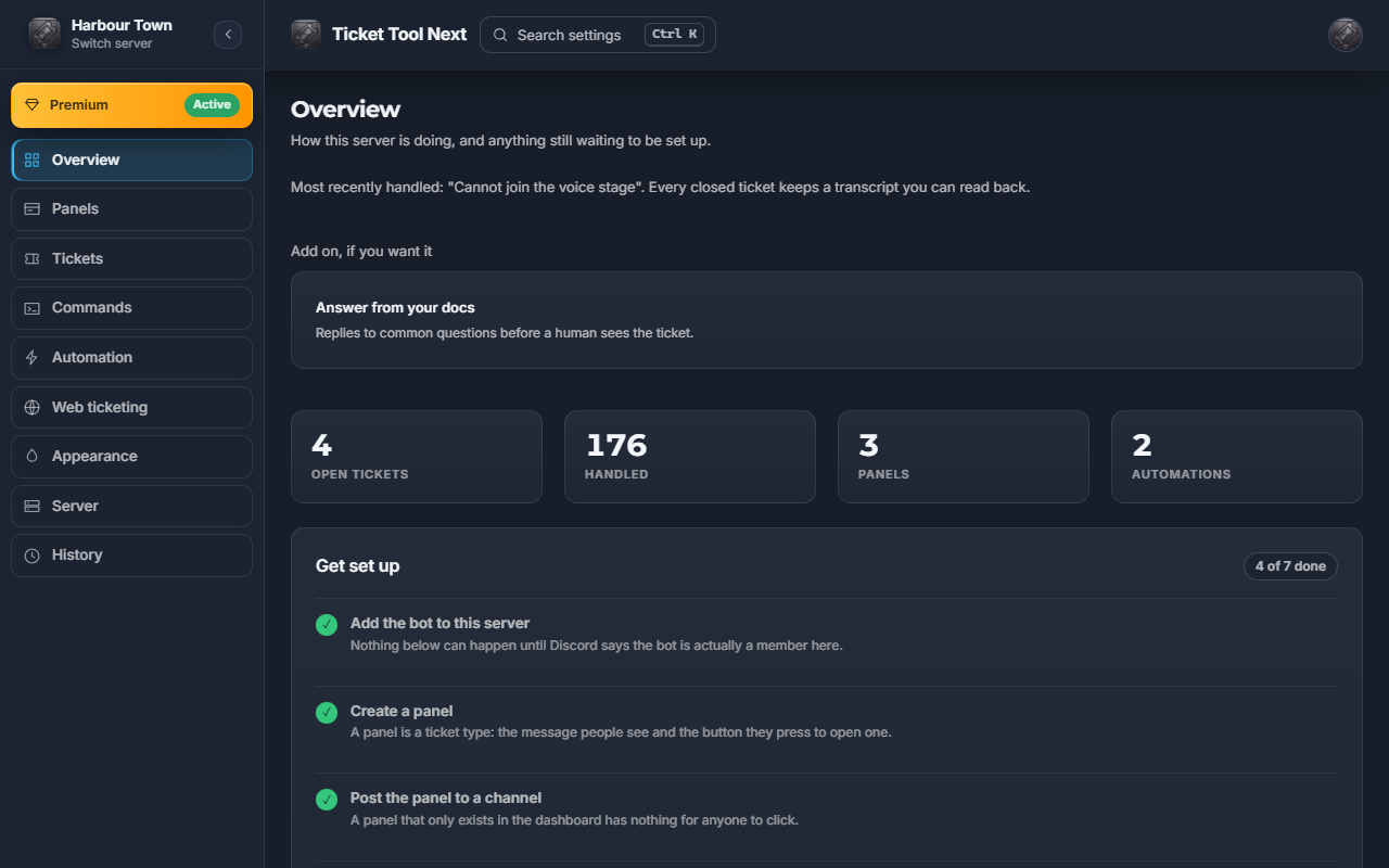 The overview screen, with open and handled ticket counts and a checklist of what is still to set up.
