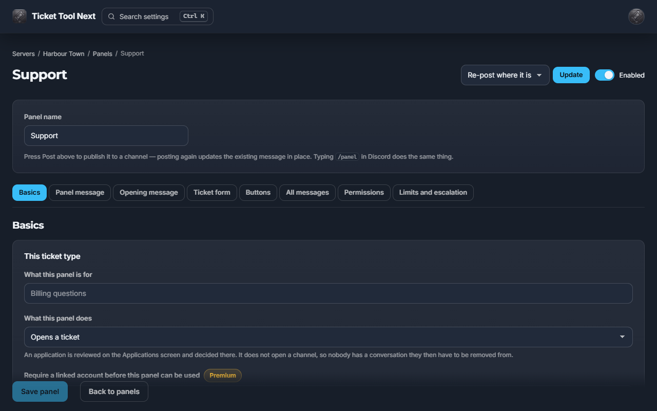 The panel editor, with tabs for the panel message, the opening message, the ticket form, buttons and permissions.