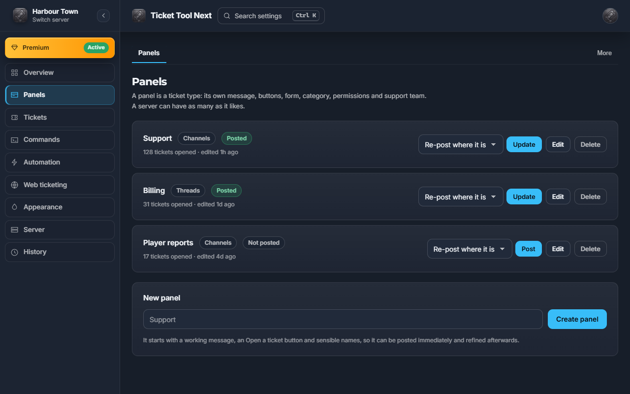 The panels screen of the Ticket Tool Next dashboard, listing three ticket panels for a sample server.