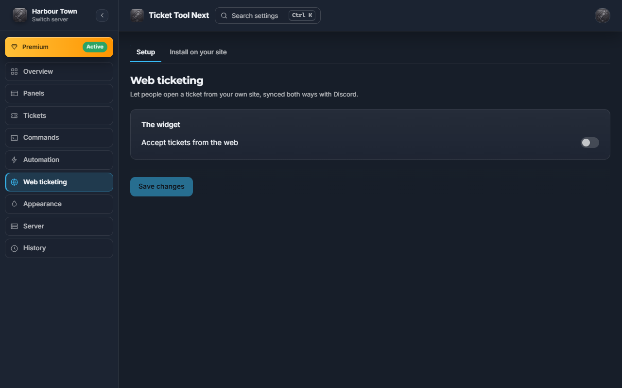 The web ticketing screen, where a server turns on tickets opened from its own website.